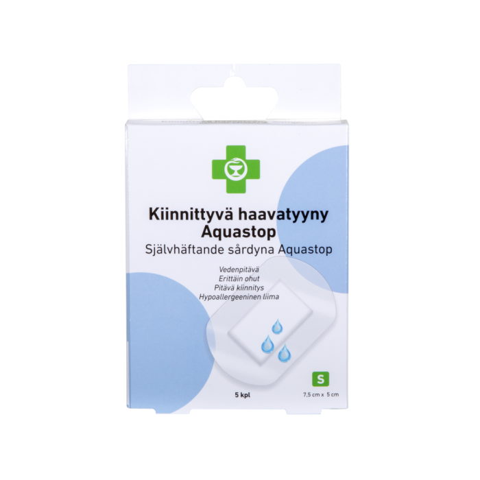 1000014420_Apteekki_Kiinnittyva_haavatyyny_Aquastop_S_7_5_cm_x_5_cm_5_kpl_rasia_pakkauskuva_Pakkauskuva22270_jpg