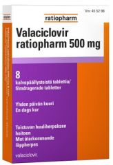 VALACICLOVIR RATIOPHARM tabletti, kalvopäällysteinen 500 mg 8 fol